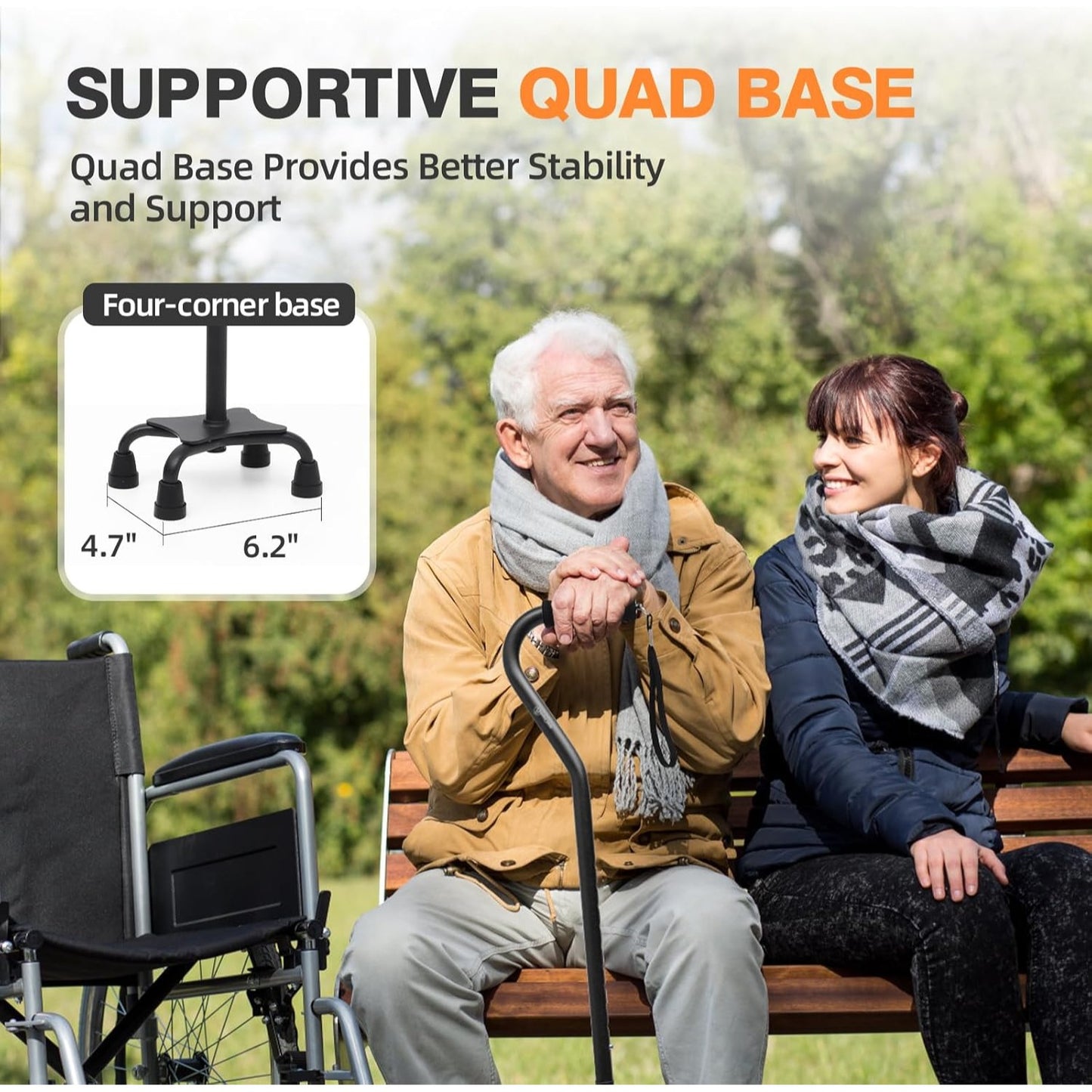 Quad Cane Adjustable Walking Cane with Offset Soft Cushioned Handle for Men Women Lightweight Comfortable with 4Pronged feet for Extra Stabi