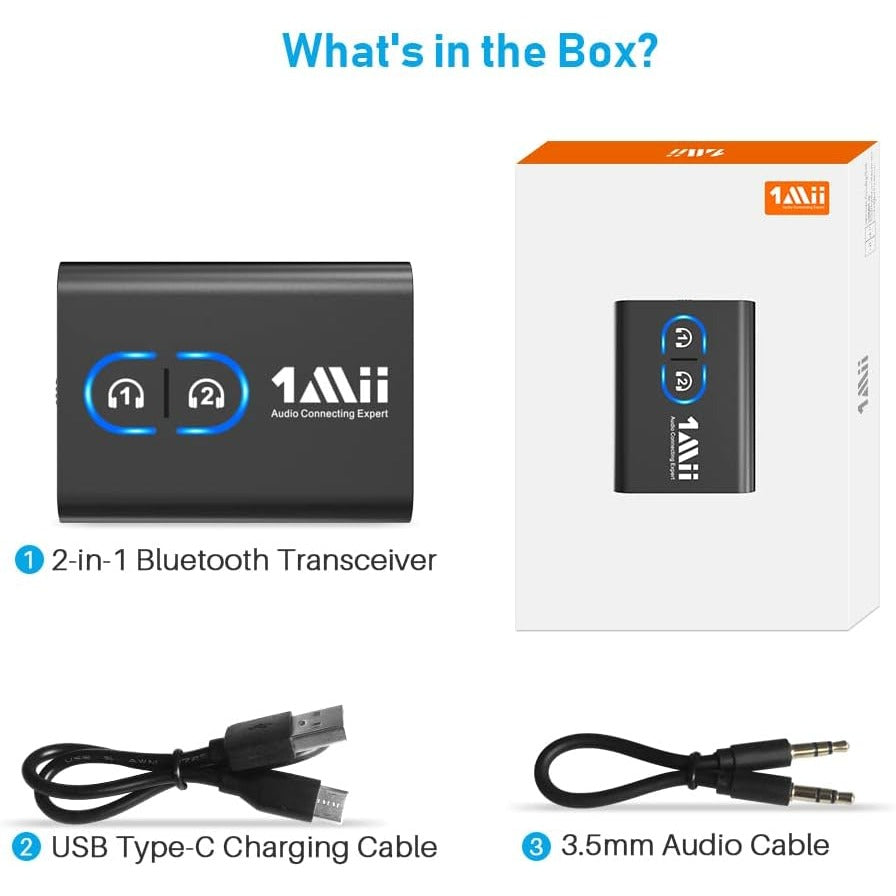 1Mii Bluetooth 5.0 Transmitter & Receiver 2-In-1 Adapter For TV PC Airplane Car Dual Device Connection