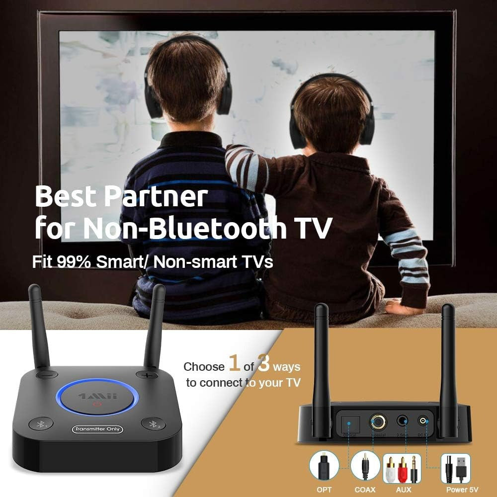 1Mii Bluetooth 5.0 Transmitter For TV With Dual Antenna & Multiple Connection Options Low Latency Audio
