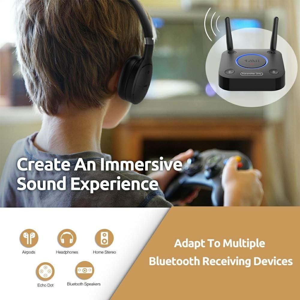 1Mii Bluetooth 5.0 Transmitter For TV With Dual Antenna & Multiple Connection Options Low Latency Audio