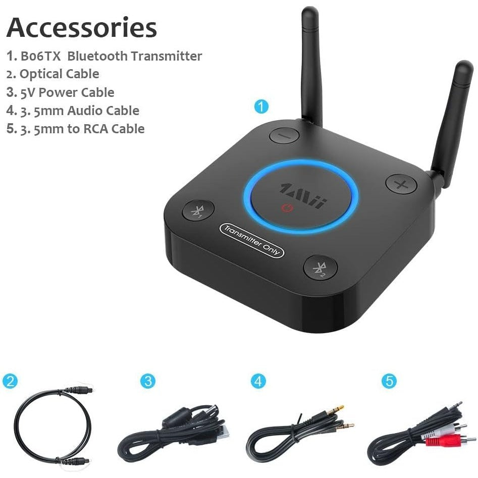 1Mii Bluetooth 5.0 Transmitter For TV With Dual Antenna & Multiple Connection Options Low Latency Audio