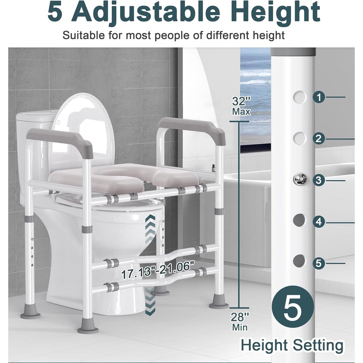 Toilet Seat Risers for Seniors, FSA HSA Eligible Adjustable Raised Toilet Seat with Handles, Padded Seat Toilet Seat Riser for Elderly, Heav