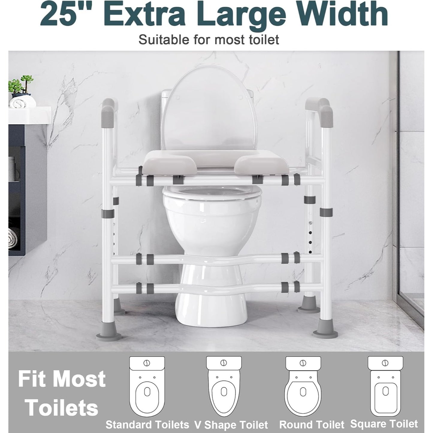 Toilet Seat Risers for Seniors, FSA HSA Eligible Adjustable Raised Toilet Seat with Handles, Padded Seat Toilet Seat Riser for Elderly, Heav