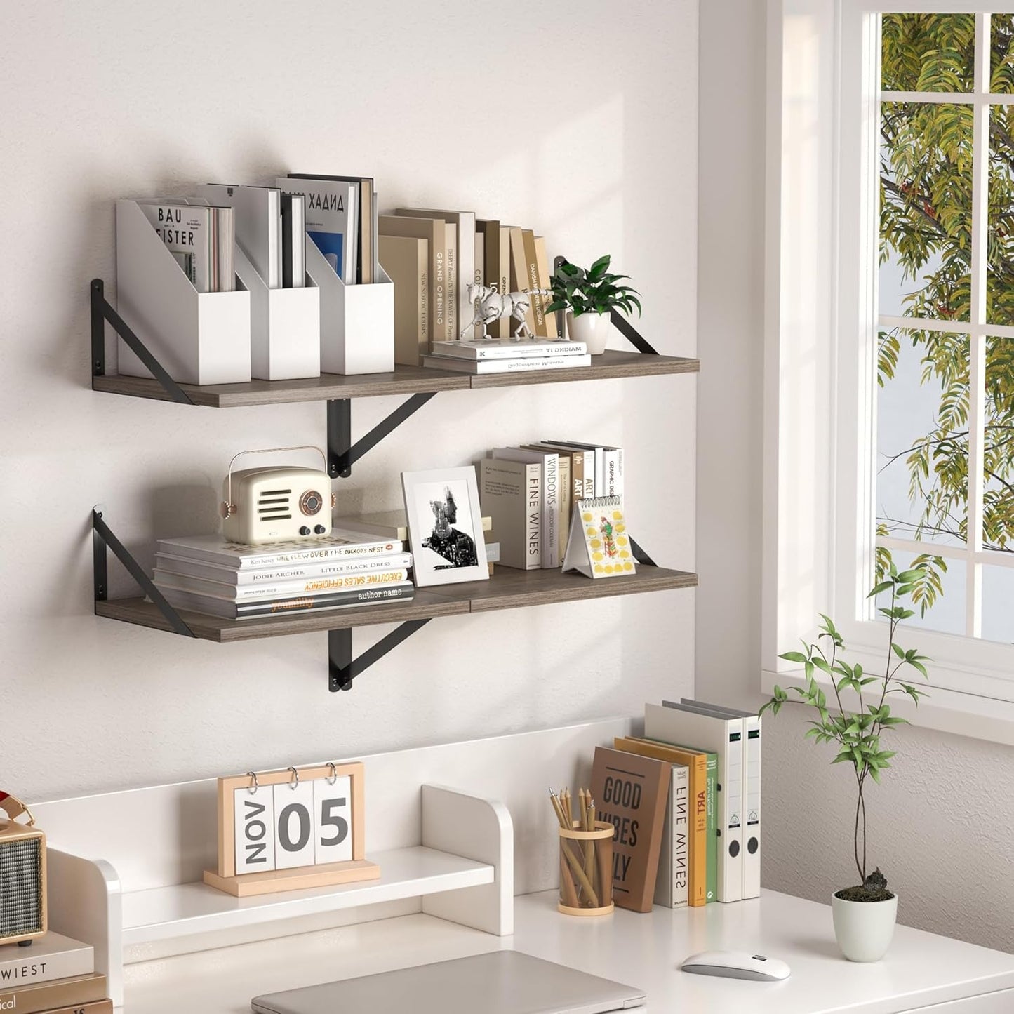 Rustic Wood Floating Shelves With Sturdy Metal Brackets 16"x12"x6" Set Of 2 Wall-Mounted For Storage & Decor