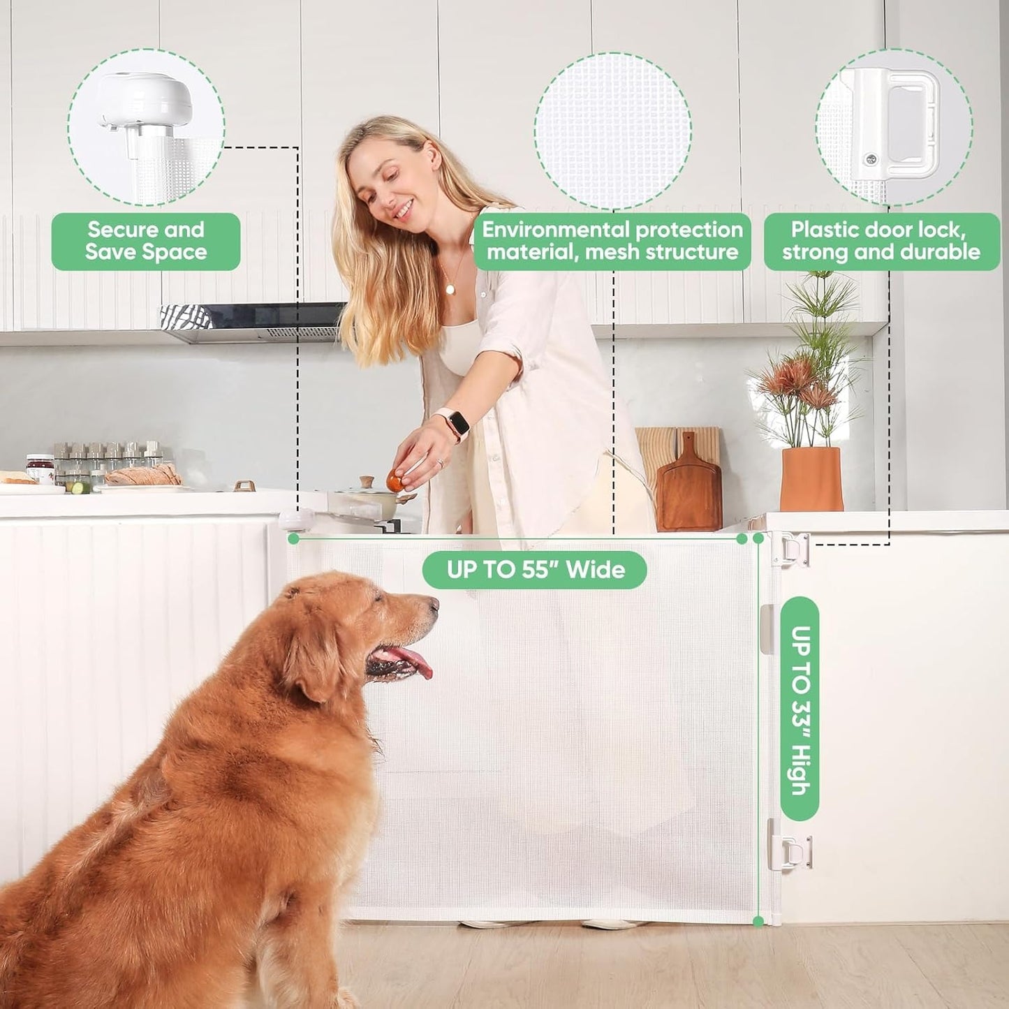 Retractable Baby Gate, Mesh Baby and Pet Gate 33" Tall, Extends up to 55" Wide, Child Safety Baby Gates for Stairs Doorways Hallways, Dog