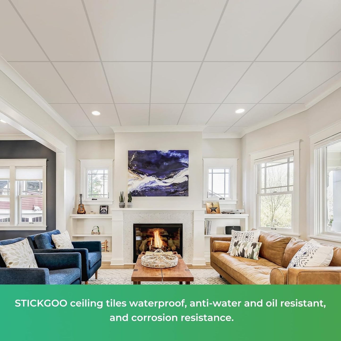 STICKGOO Drop Ceiling Tiles 2ft x 4ft, White PVC Ceiling Panels, Soomth Ceiling Tiles 24 x 48in, Waterproof - Fire-Rated to Prevent Breakage