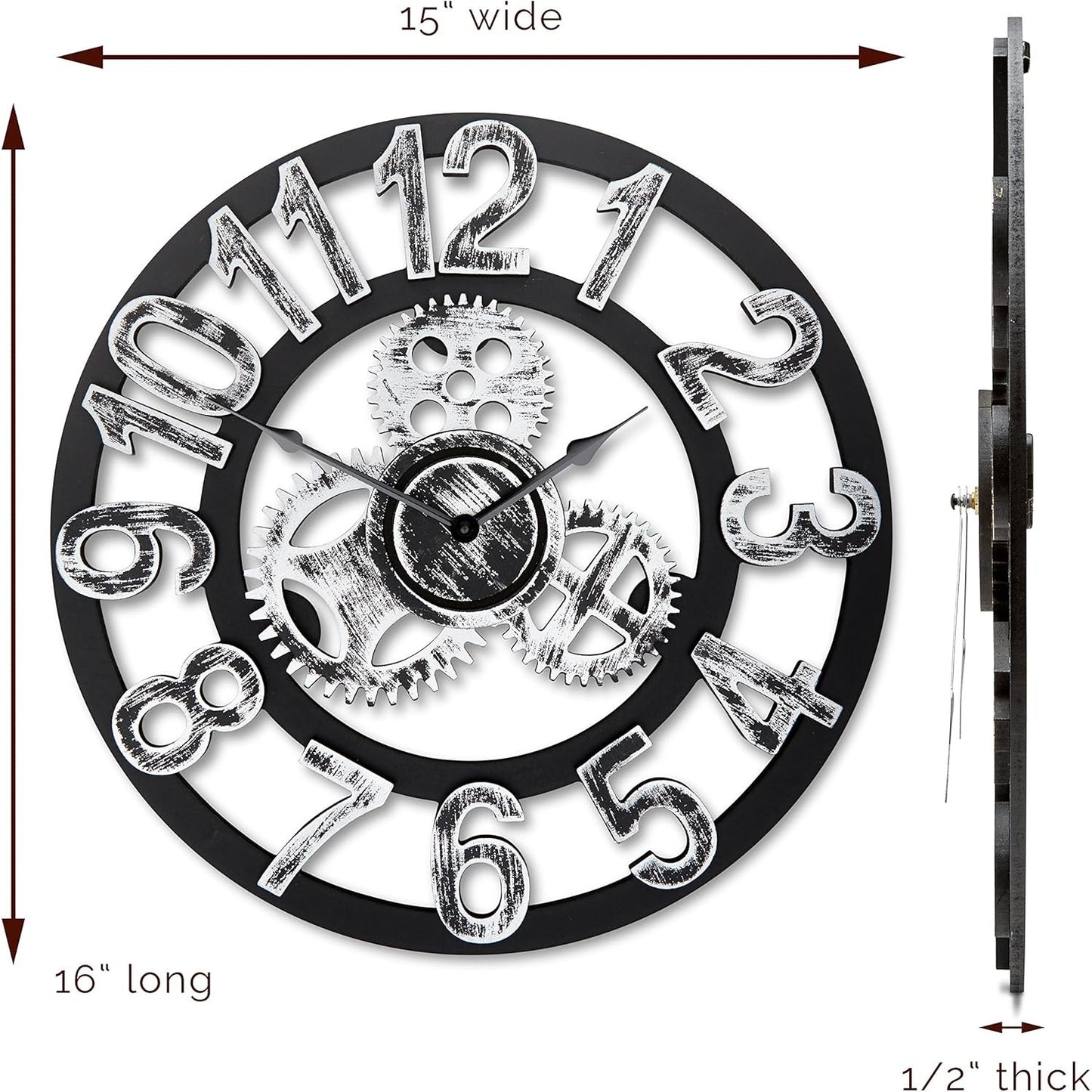 TopRace 16 Inch Round Wall Clock Antique Handmade Wooden Vintage 3D Gear Design by Chevy K. Gold with Numbers