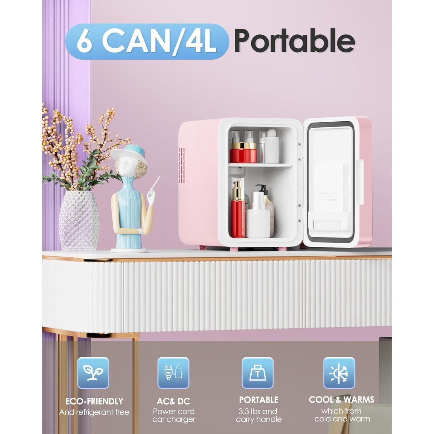 4L Compact Portable Mini Fridge With Mirror Door Electric Cooler & Warmer Dimmable LED Light AC/DC Power Pink