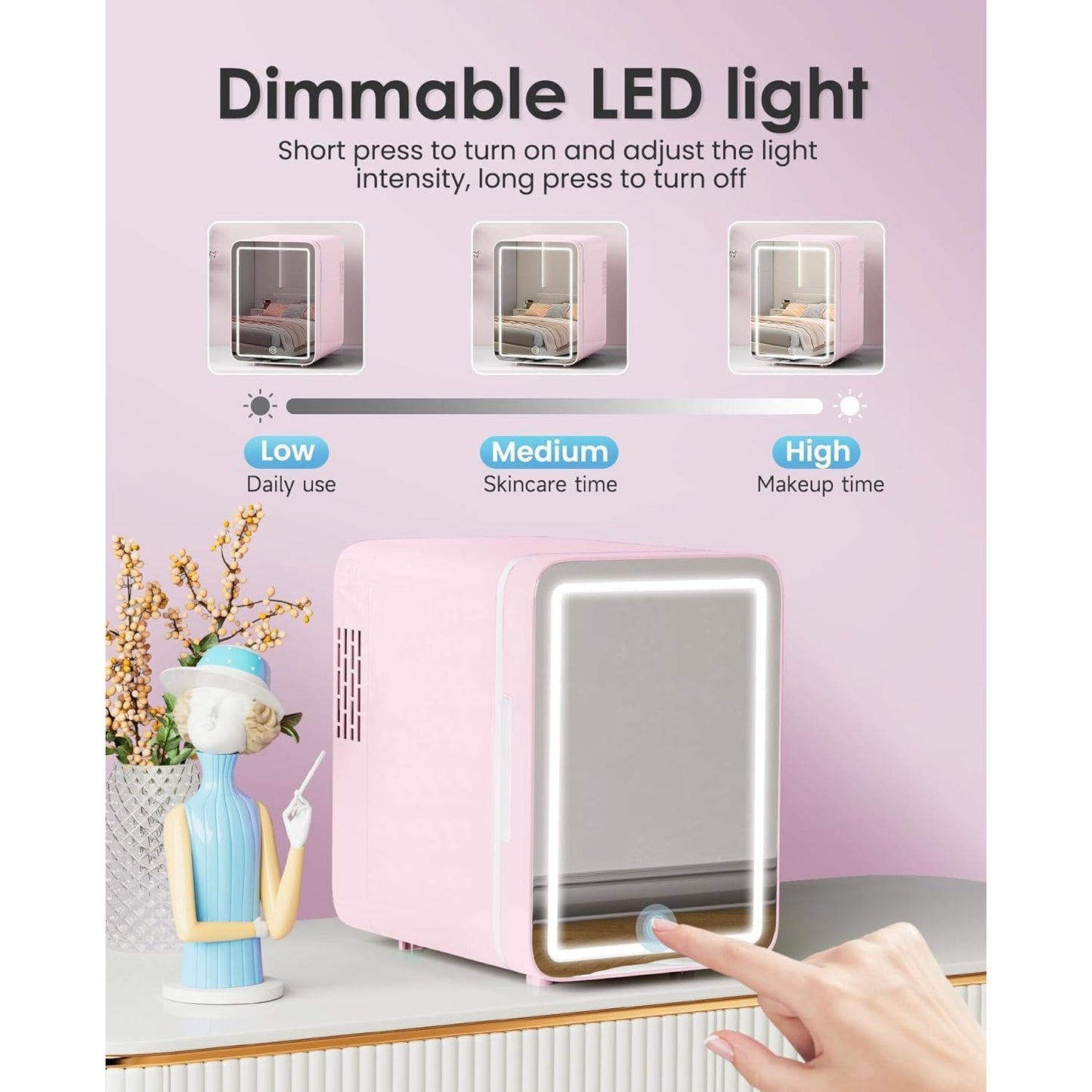 4L Compact Portable Mini Fridge With Mirror Door Electric Cooler & Warmer Dimmable LED Light AC/DC Power Pink