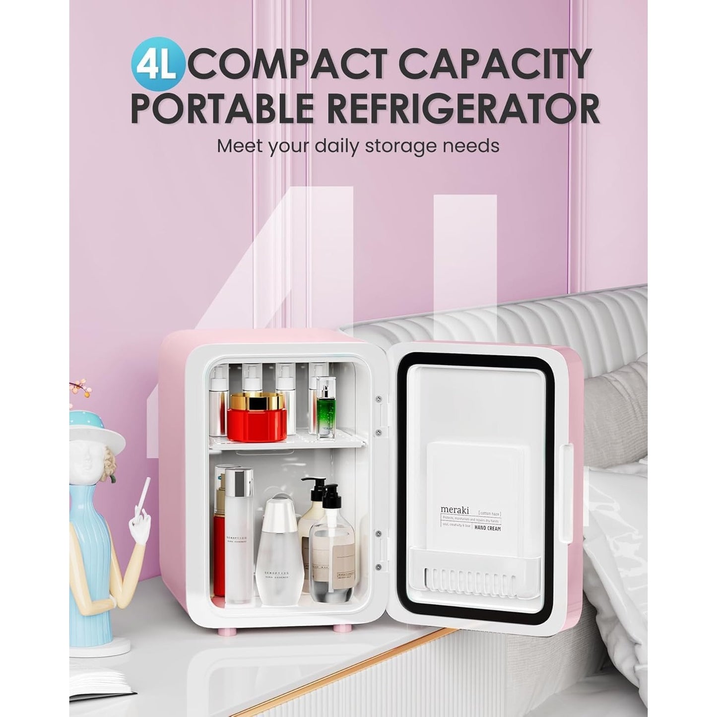4L Compact Portable Mini Fridge With Mirror Door Electric Cooler & Warmer Dimmable LED Light AC/DC Power Pink