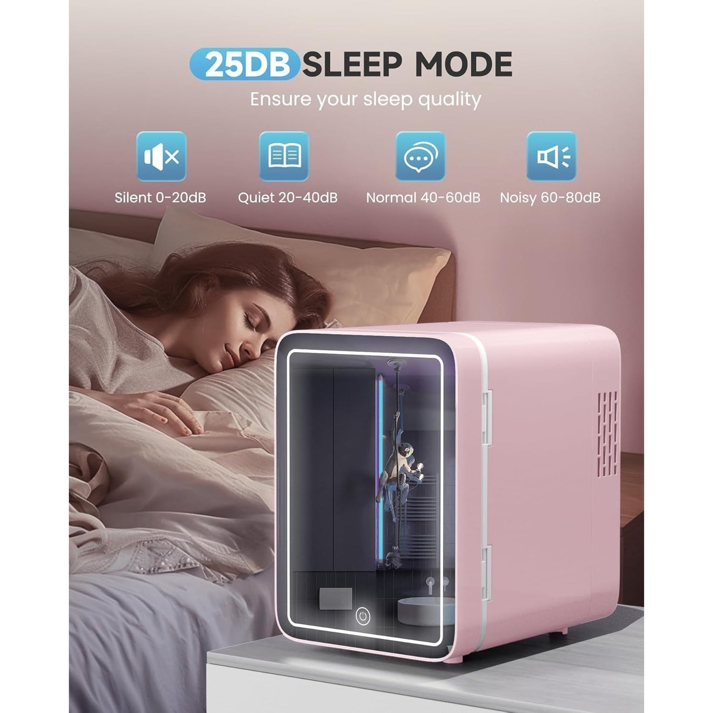 4L Compact Portable Mini Fridge With Mirror Door Electric Cooler & Warmer Dimmable LED Light AC/DC Power Pink