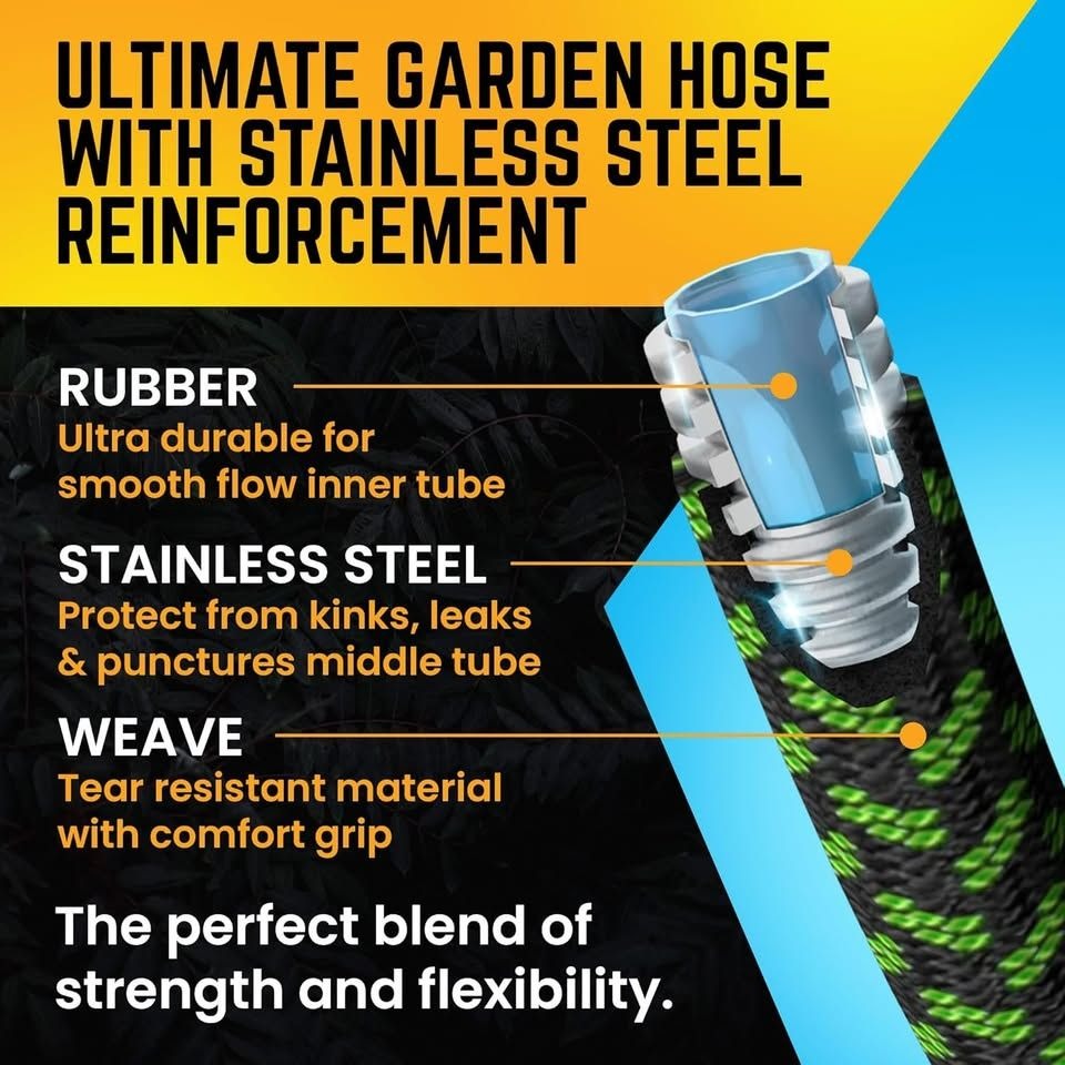 PowerFlow Garden Hose, NON-EXPANDABLE 25 Feet Premium Quality Stainless Steel Metal Water Hose with