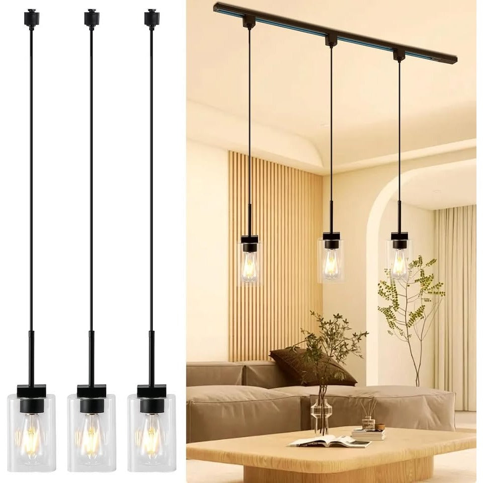 3 Lights J Type Tracking Lighting Pendants Black Ceiling Track Hanging Light Fixtures with Square