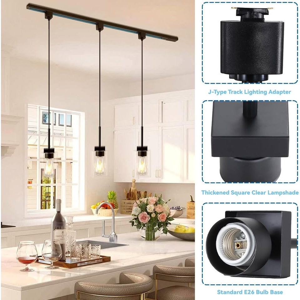 3 Lights J Type Tracking Lighting Pendants Black Ceiling Track Hanging Light Fixtures with Square