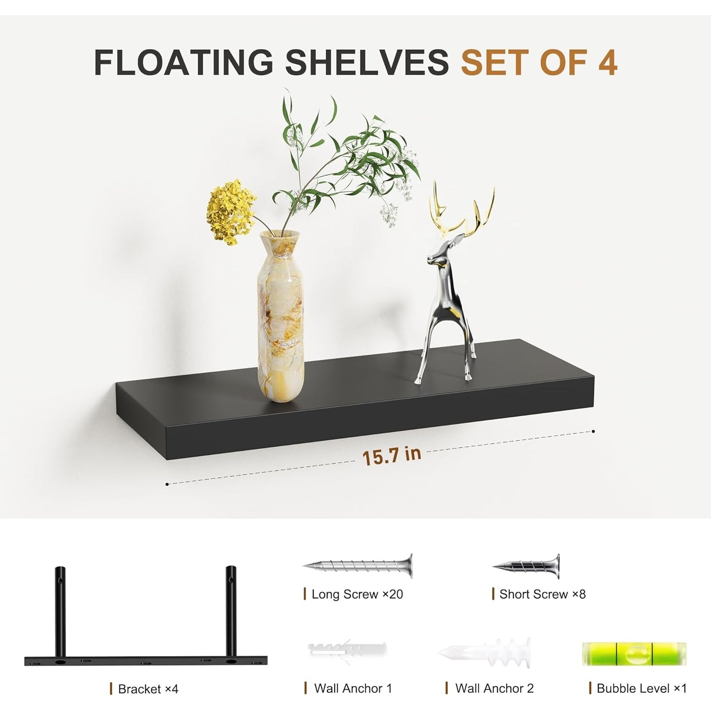 Set Of 4 Black Wall-Mounted Floating Shelves 15.7" Waterproof Modern Design For Bathroom Kitchen & Living Room
