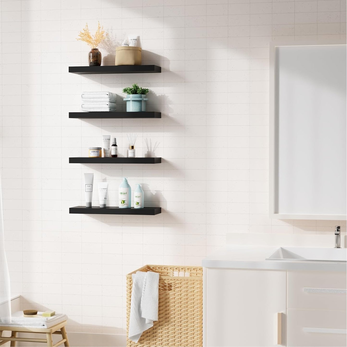 Set Of 4 Black Wall-Mounted Floating Shelves 15.7" Waterproof Modern Design For Bathroom Kitchen & Living Room