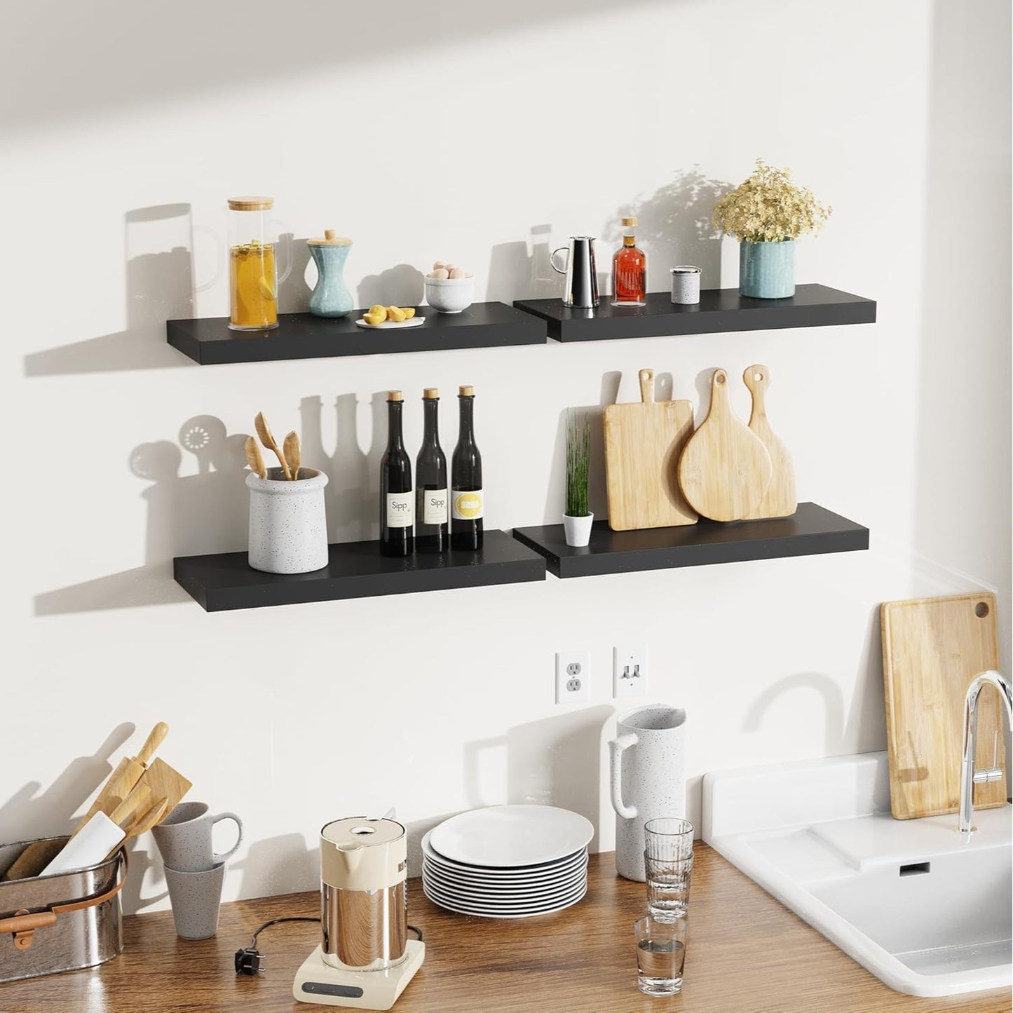 Set Of 4 Black Wall-Mounted Floating Shelves 15.7" Waterproof Modern Design For Bathroom Kitchen & Living Room