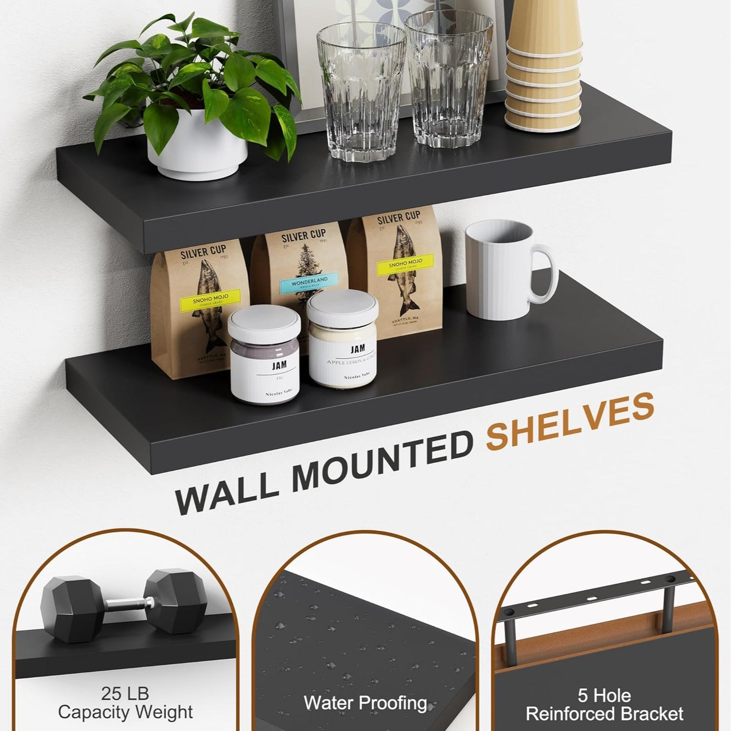 Set Of 4 Black Wall-Mounted Floating Shelves 15.7" Waterproof Modern Design For Bathroom Kitchen & Living Room