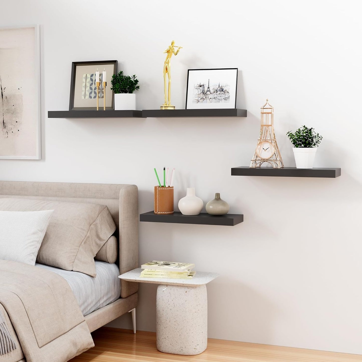 Set Of 4 Black Wall-Mounted Floating Shelves 15.7" Waterproof Modern Design For Bathroom Kitchen & Living Room