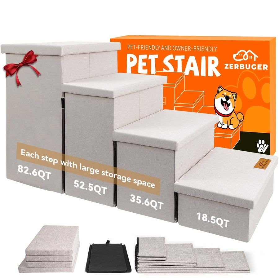 4-Step Pet Stairs With Storage & Condo Foldable & Durable For Dogs & Cats Holds Up To 200 Lbs Anti-Slip Bottom