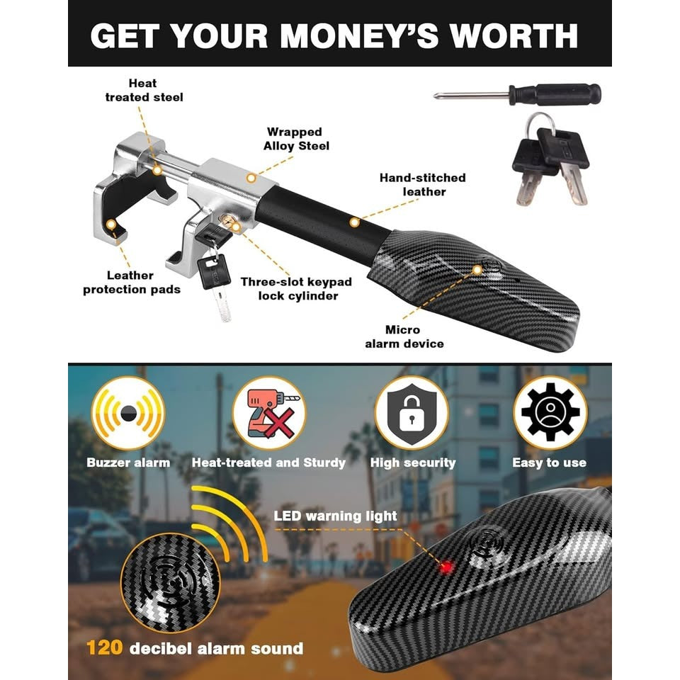 Steering Wheel Lock with Alarm,Heavy Duty Anti-Theft Car Device Car Lock Car Theft Prevention
