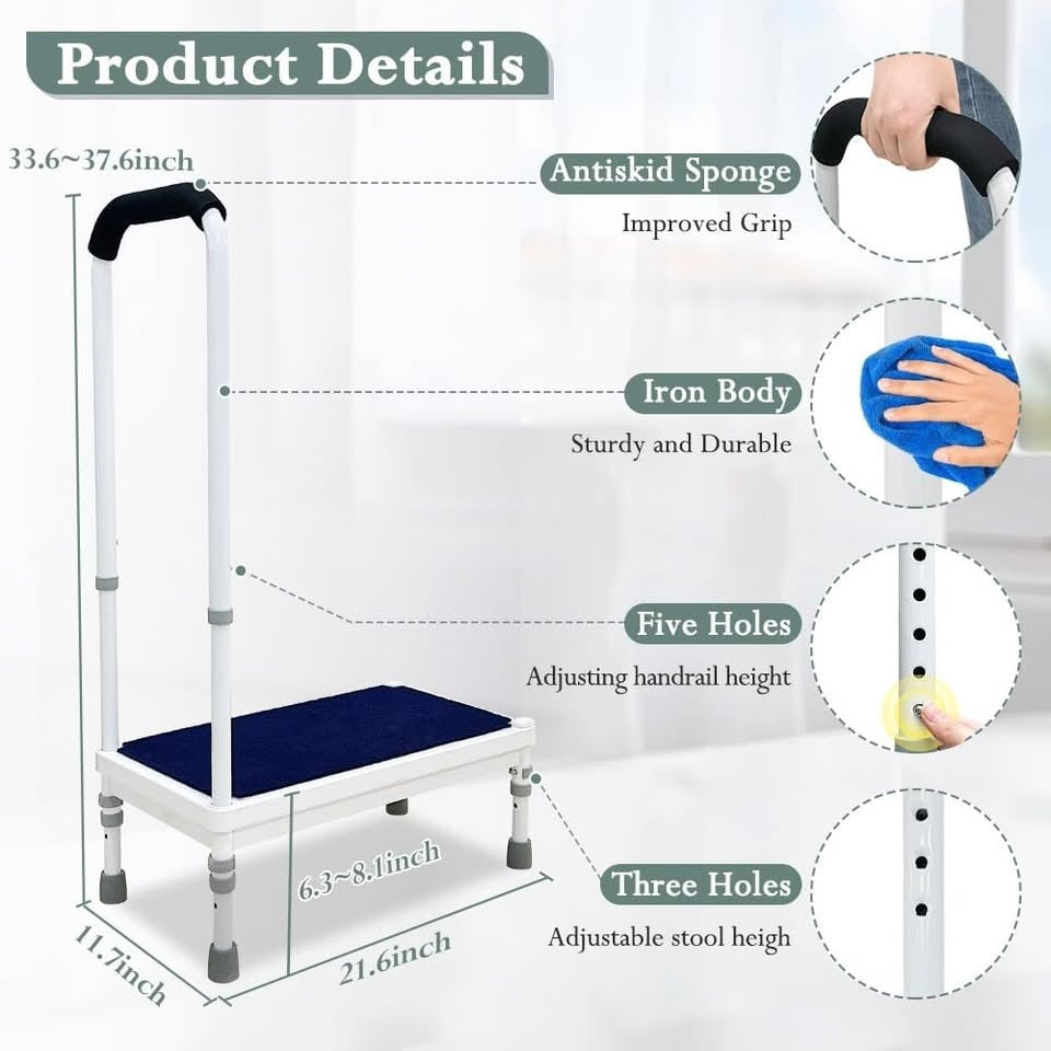 Step Stool with Handle Bed Steps for High Beds for Adults Elderly 3in1 Safety Bed Handle