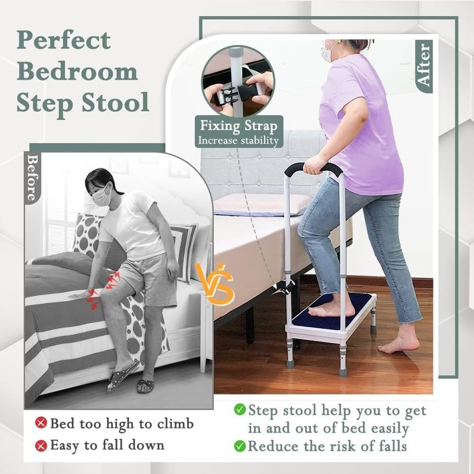Step Stool with Handle Bed Steps for High Beds for Adults Elderly 3in1 Safety Bed Handle