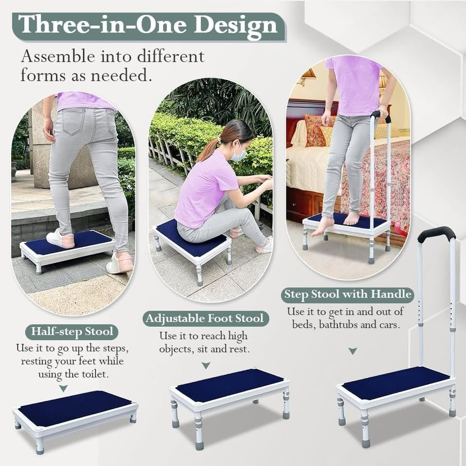 Step Stool with Handle Bed Steps for High Beds for Adults Elderly 3in1 Safety Bed Handle
