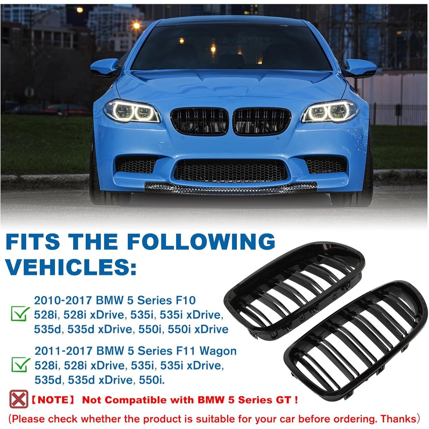 Replacement Grille Double Slats Gloss Black For BMW 5 Series F10/F11 2010-2017 Durable ABS Plastic