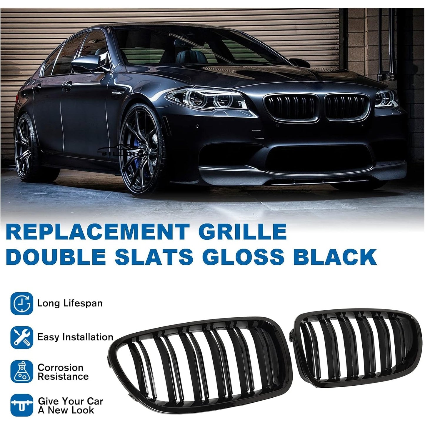 Replacement Grille Double Slats Gloss Black For BMW 5 Series F10/F11 2010-2017 Durable ABS Plastic