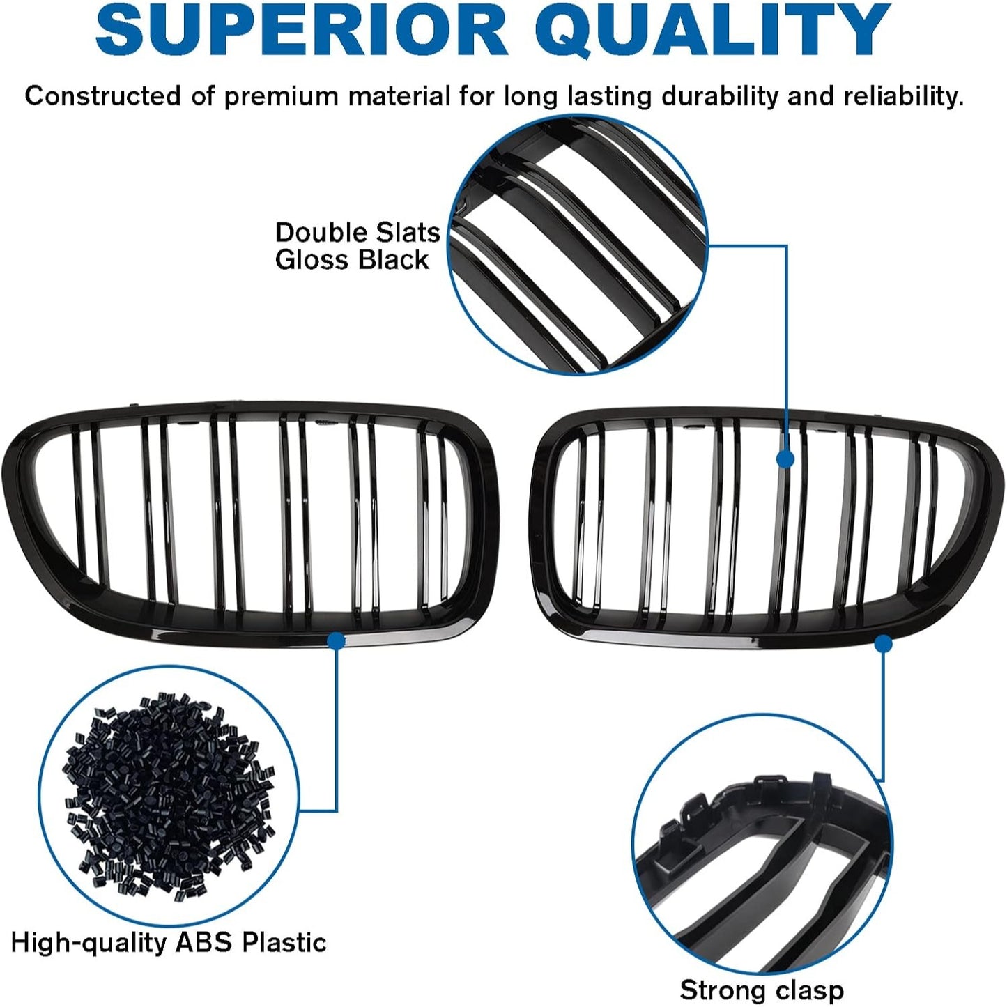 Replacement Grille Double Slats Gloss Black For BMW 5 Series F10/F11 2010-2017 Durable ABS Plastic