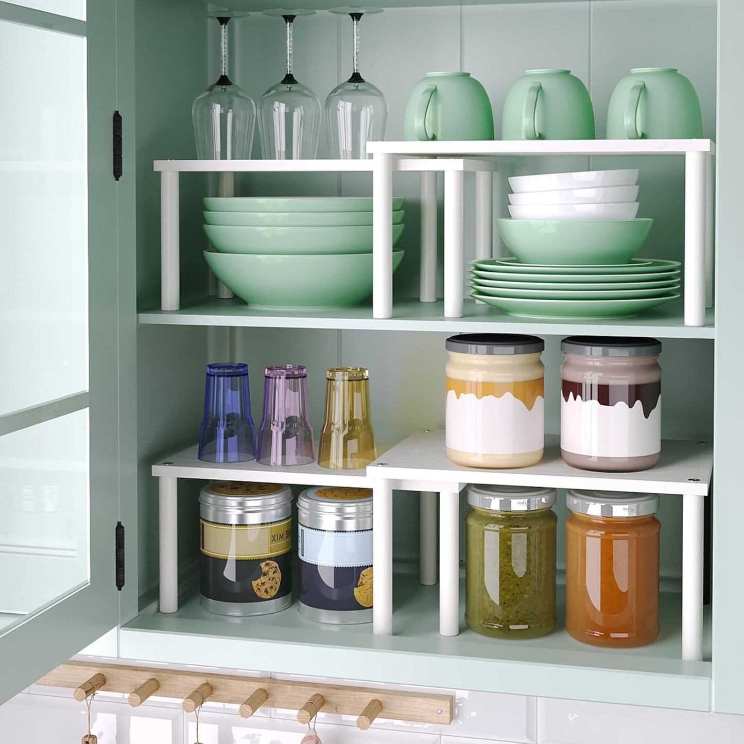 2-Tier Adjustable White Countertop Shelf Organizer For Kitchen/Bathroom/Vanity Strong Construction & Non-Slip Design Easy Assembly
