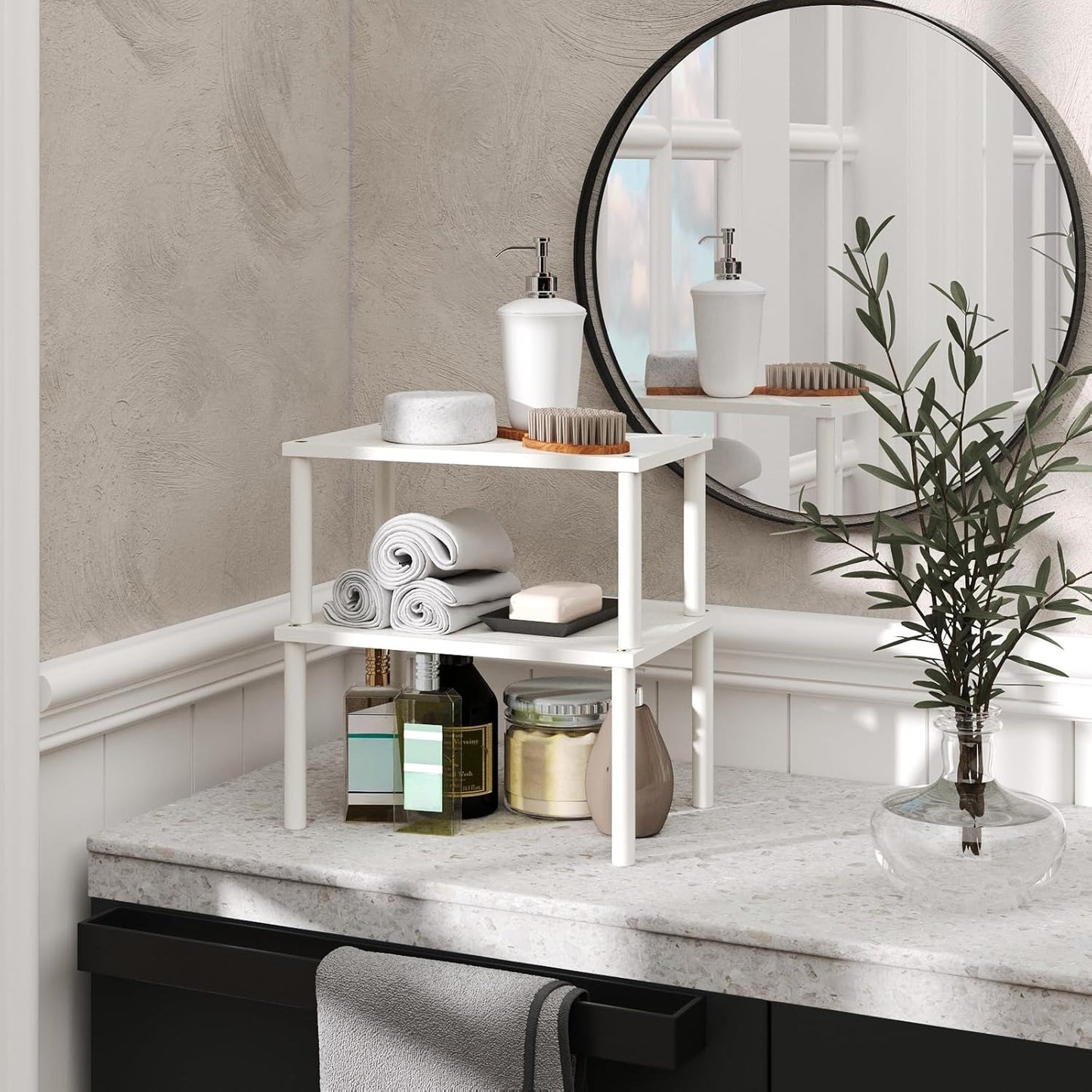 2-Tier Adjustable White Countertop Shelf Organizer For Kitchen/Bathroom/Vanity Strong Construction & Non-Slip Design Easy Assembly