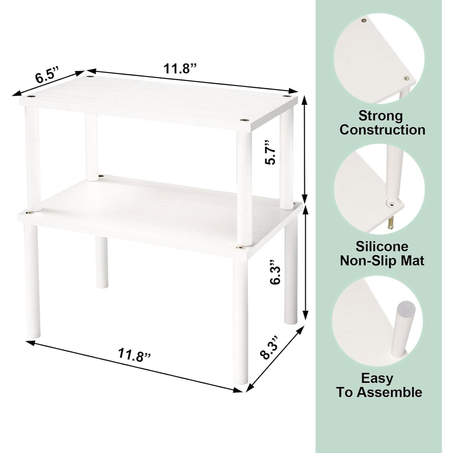 2-Tier Adjustable White Countertop Shelf Organizer For Kitchen/Bathroom/Vanity Strong Construction & Non-Slip Design Easy Assembly