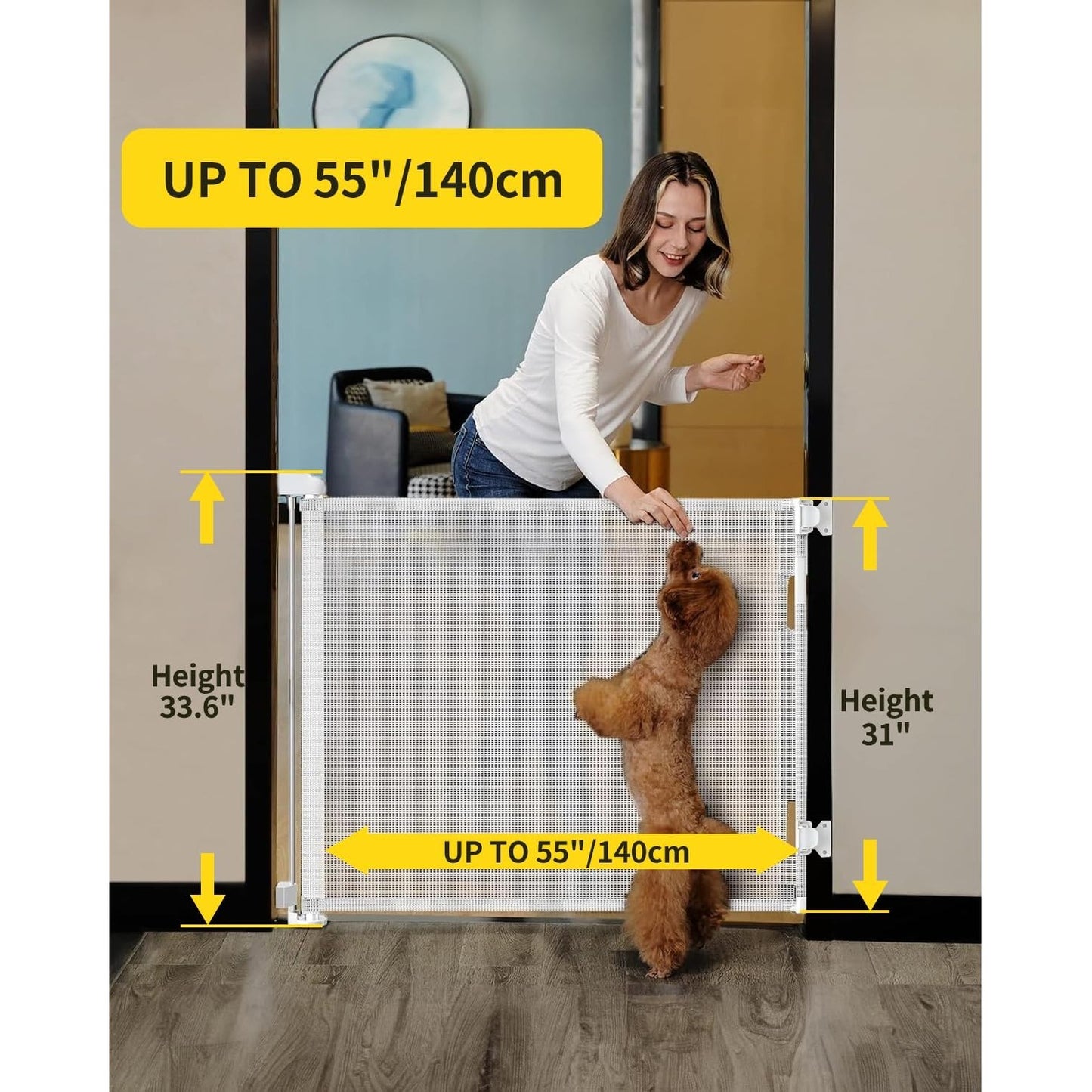 Retractable Baby & Pet Safety Gate 55" Wide Adjustable Mesh Barrier Easy Installation White