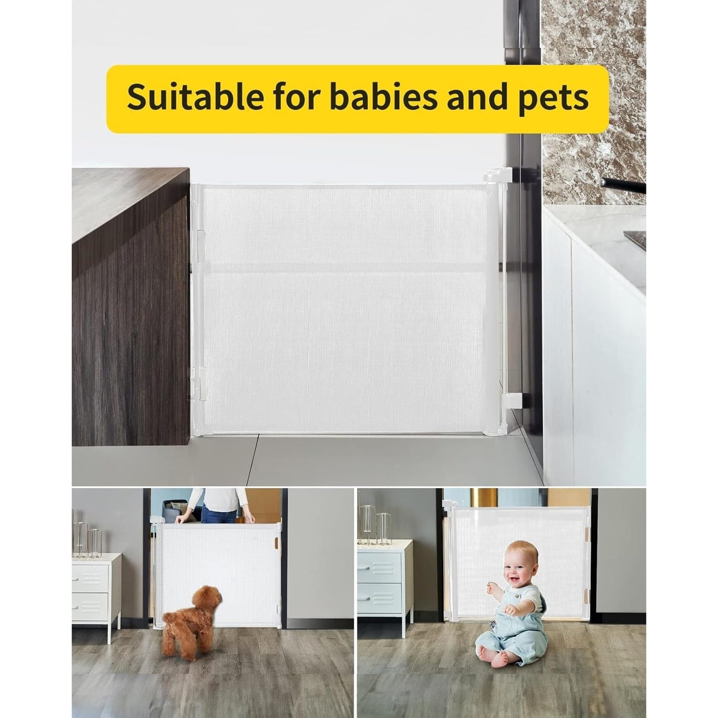 Retractable Baby & Pet Safety Gate 55" Wide Adjustable Mesh Barrier Easy Installation White