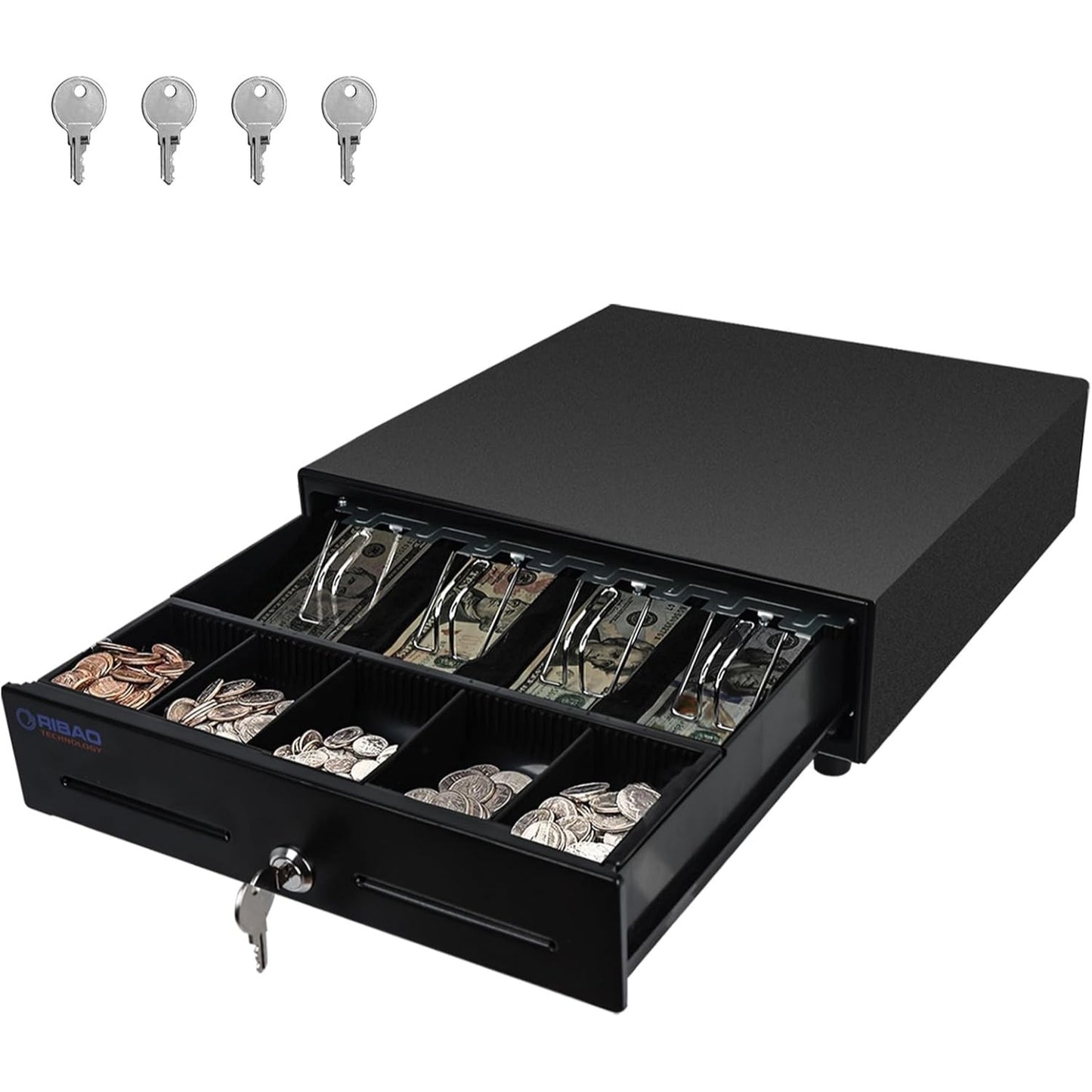 Ribao Heavy Duty Cash Drawer 4 Bill 5 Coin Compartments Lockable Black Steel For POS System & Retail Use