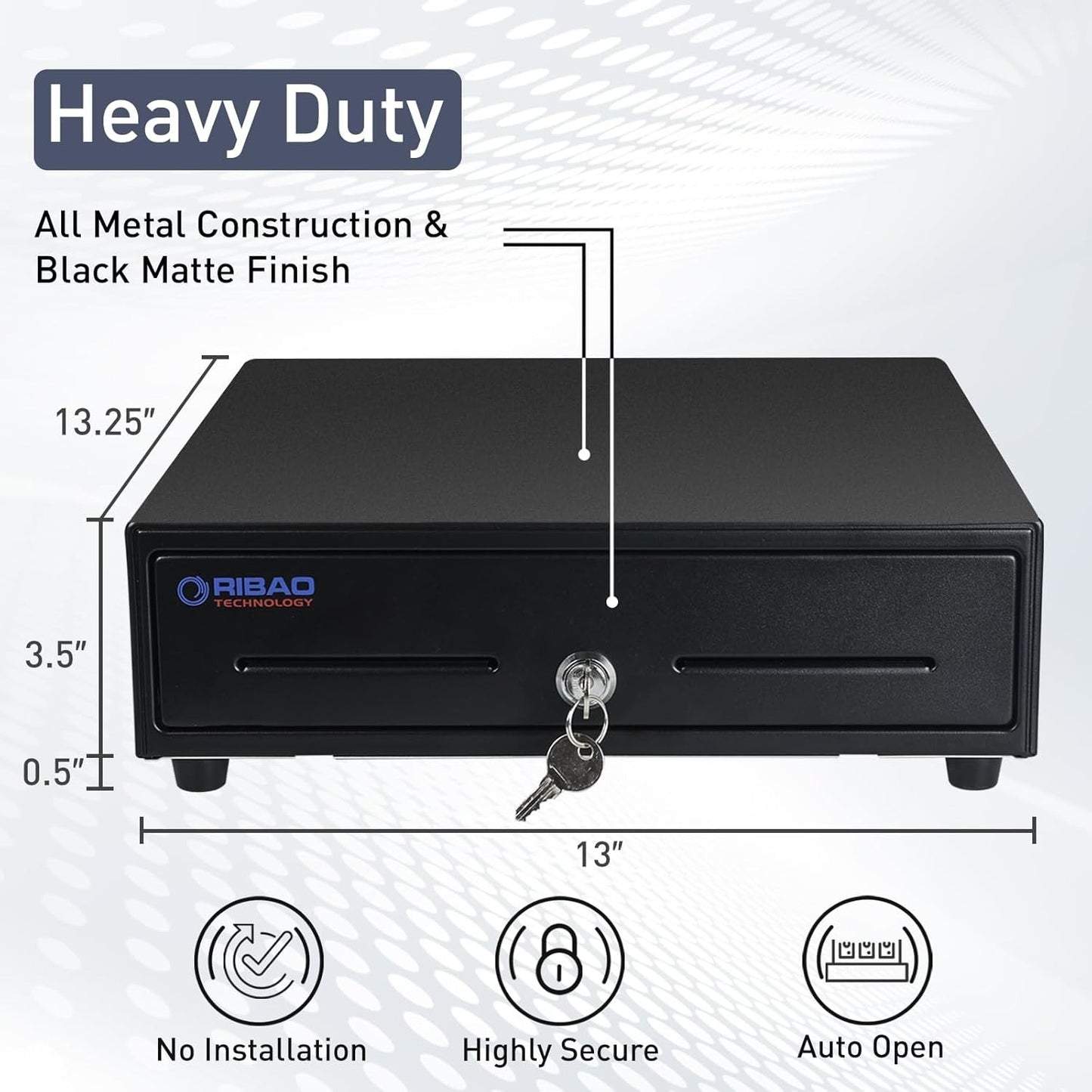 Ribao Heavy Duty Cash Drawer 4 Bill 5 Coin Compartments Lockable Black Steel For POS System & Retail Use