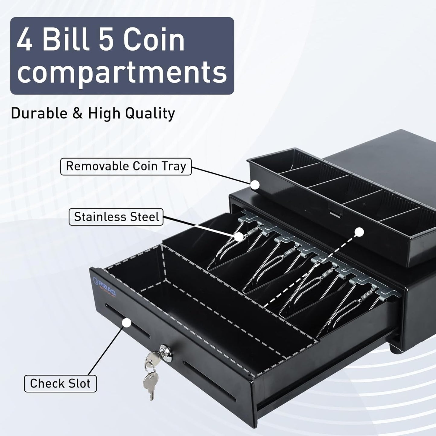 Ribao Heavy Duty Cash Drawer 4 Bill 5 Coin Compartments Lockable Black Steel For POS System & Retail Use
