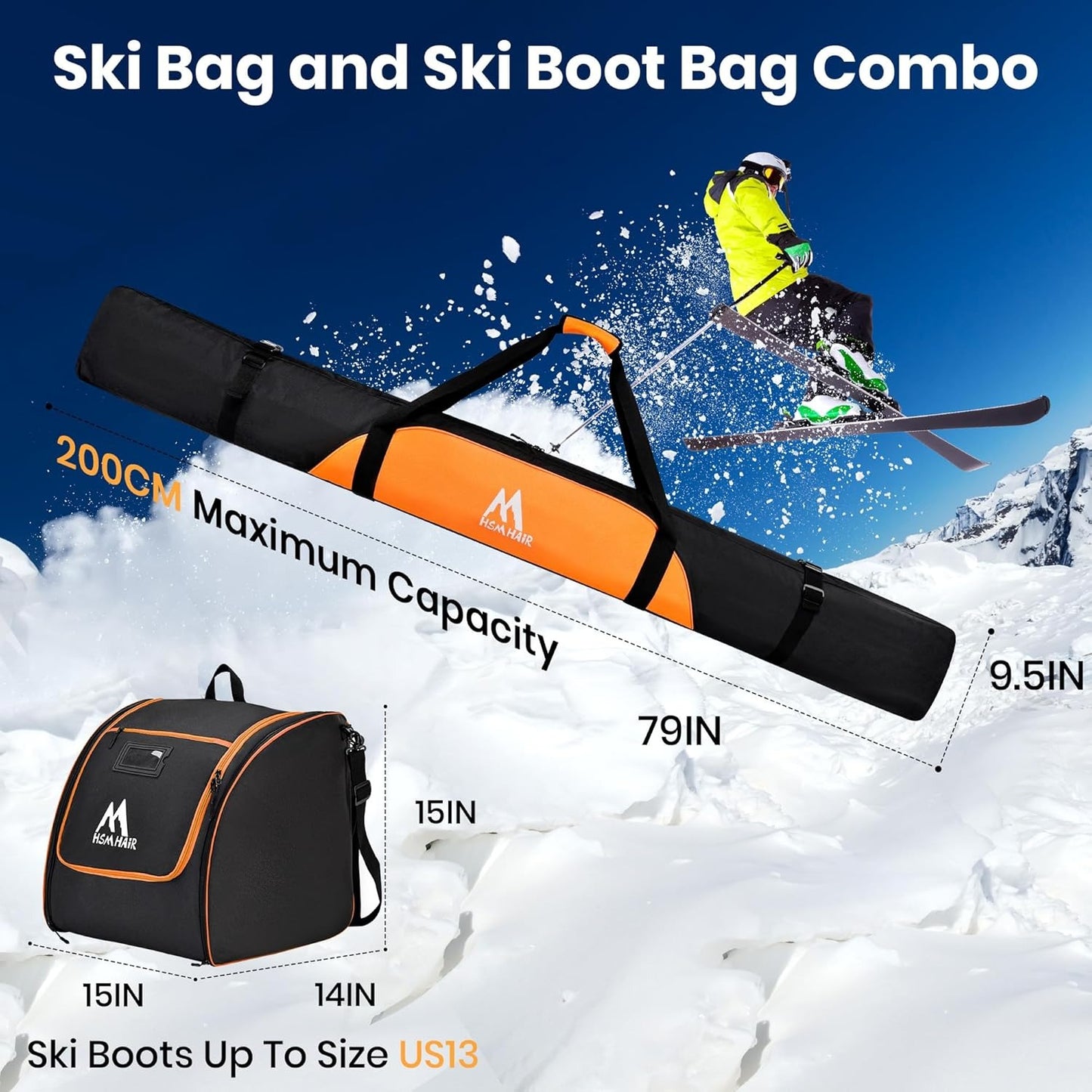 Ski & Boot Bag Combo Set Hsmihair 200CM Waterproof Padded Ski Bag With Adjustable Strap & Ski Boot Bag US13 Capacity