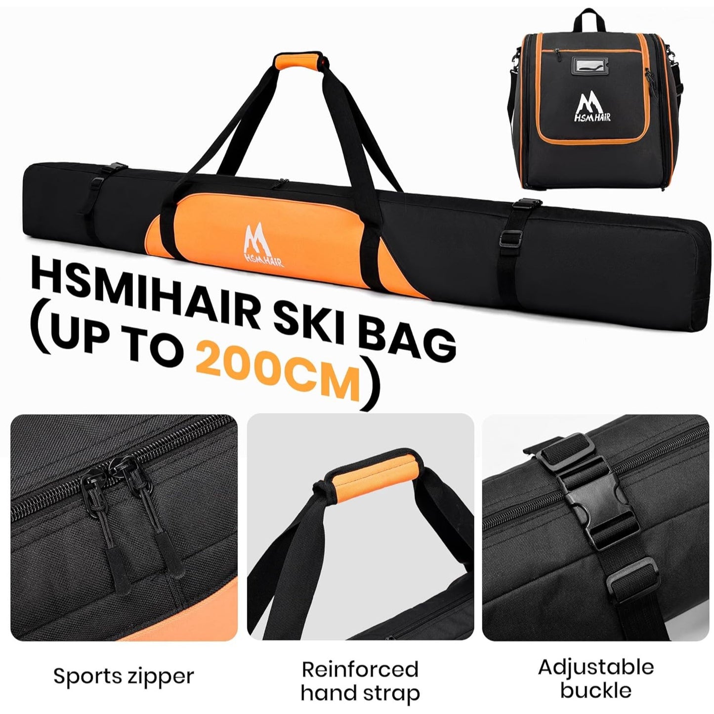 Ski & Boot Bag Combo Set Hsmihair 200CM Waterproof Padded Ski Bag With Adjustable Strap & Ski Boot Bag US13 Capacity