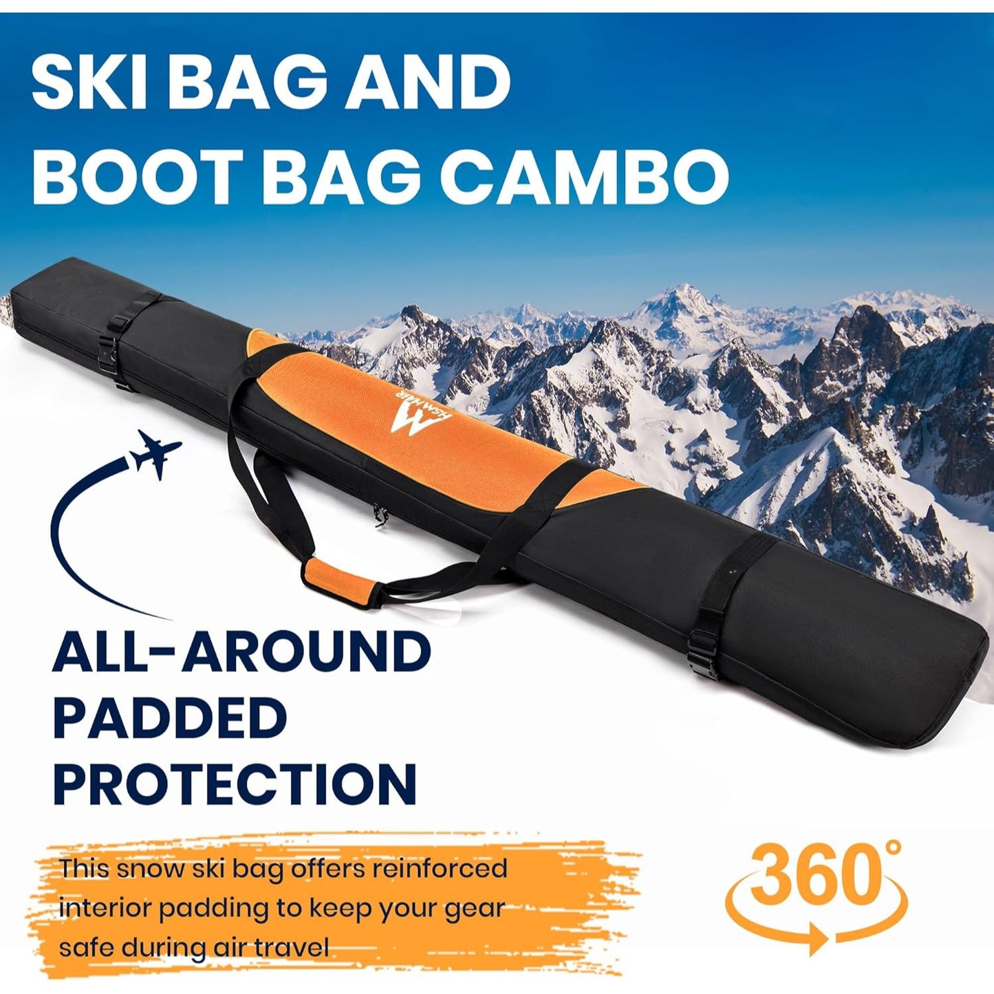 Ski & Boot Bag Combo Set Hsmihair 200CM Waterproof Padded Ski Bag With Adjustable Strap & Ski Boot Bag US13 Capacity