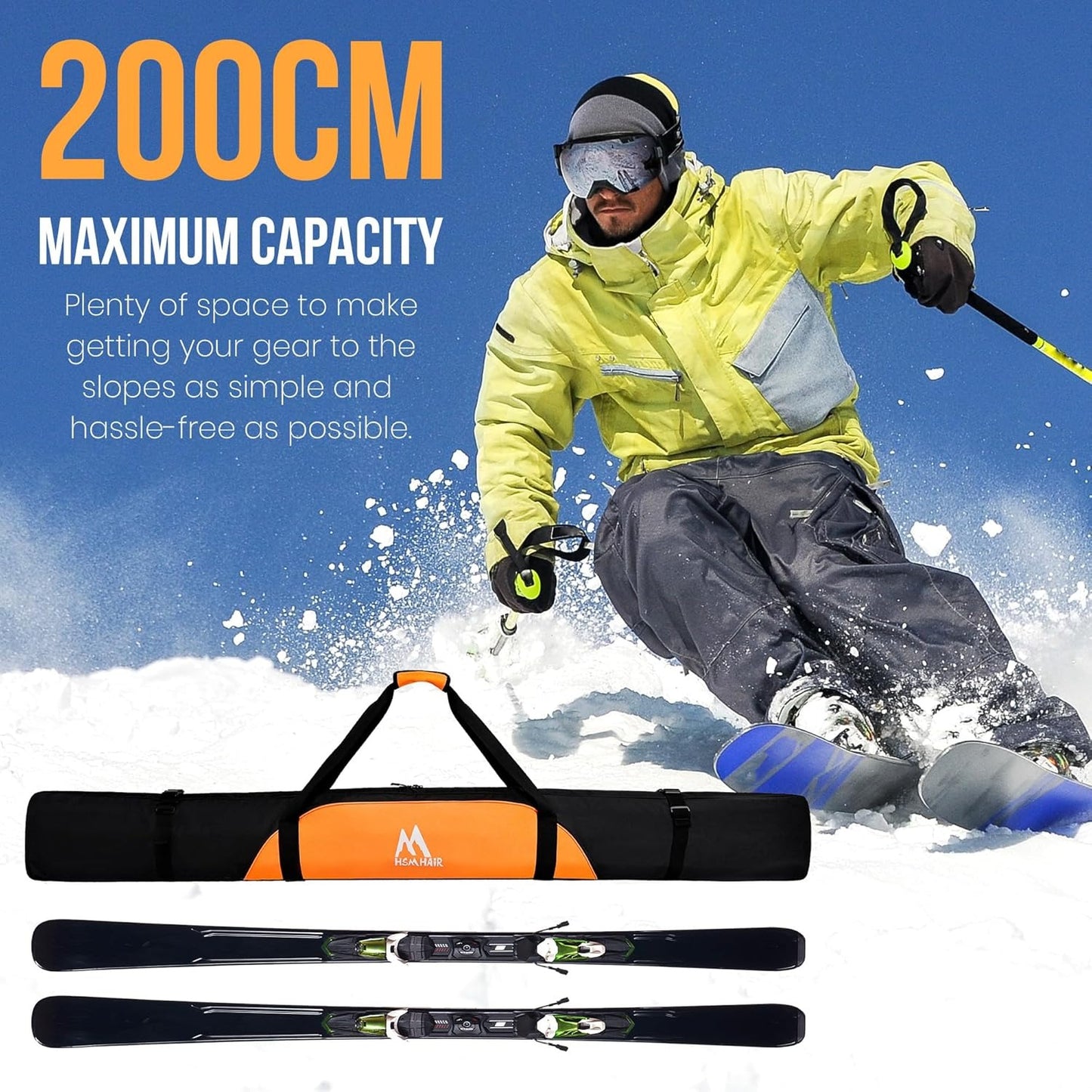 Ski & Boot Bag Combo Set Hsmihair 200CM Waterproof Padded Ski Bag With Adjustable Strap & Ski Boot Bag US13 Capacity