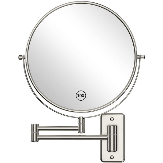 9 Inch Wall Mounted Makeup Mirror With 10X Magnification & 360° Swivel Extendable Arm Brushed Nickel Finish