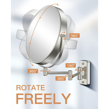 9 Inch Wall Mounted Makeup Mirror With 10X Magnification & 360° Swivel Extendable Arm Brushed Nickel Finish