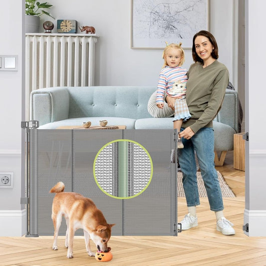 Reinforced 55" Wide Retractable Dog Gate with Support Beam Extra Tall Retractable Baby Gates for Doorway Mesh Pet Gate Retractable Gates for
