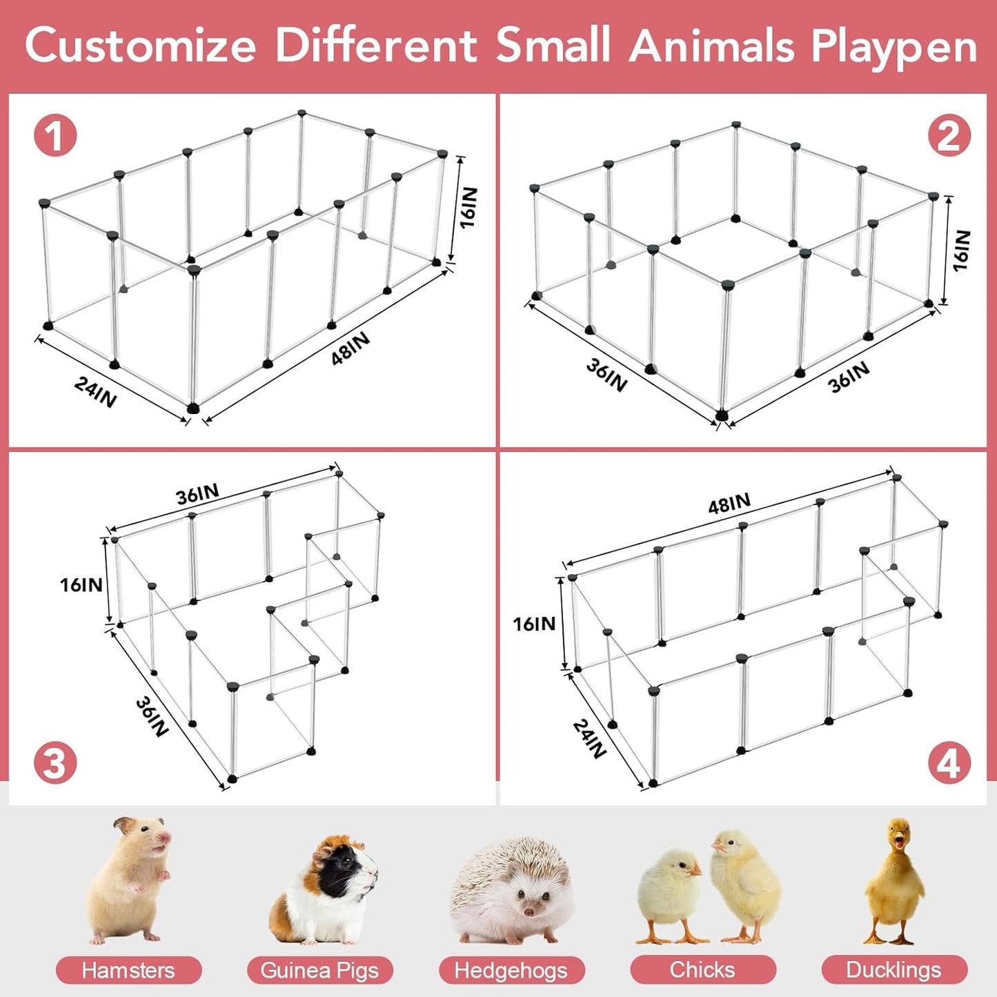 12-Pack Small Animal Playpen With Plastic Panels & Connectors 48x24x16in DIY Pet Fence For Hamsters Guinea Pigs Hedgehogs