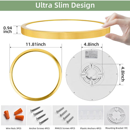 12 Inch Selectable CCT LED Round Flat Panel Light, 24W 3000K/4000K/5000K, Edge-Lit Flush Mount Ceiling Light Fixture for Kitchen, Bedroom, L