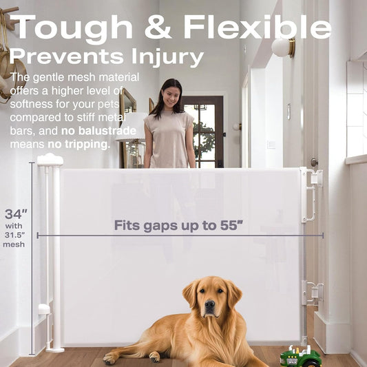 Retractable Pet Safety Gate 34"-55" Adjustable Mesh Barrier For Dogs & Cats With Easy Lock
