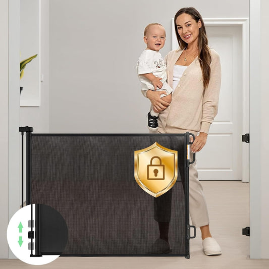 Retractable Baby & Pet Safety Gate Adjustable Up To 55" Width Black Mesh Easy Install & Double Lock Mechanism